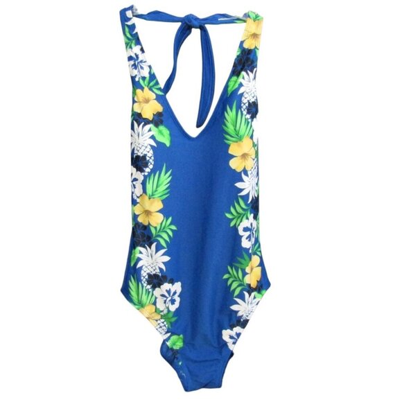Anne Cole Blue Floral Tropical One Piece Swimsuit Women Sz 14 Hawaiian Pineapple - Picture 1 of 10